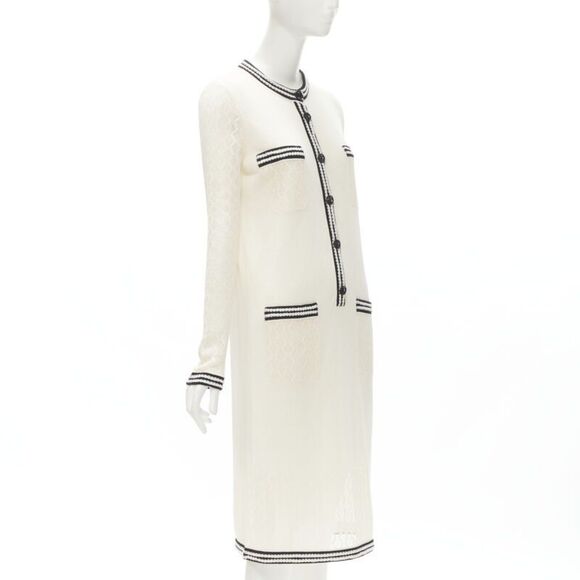CHANEL cream beige 4-pocket black CC crochet knit midi dress FR38 S - Picture 3 of 8